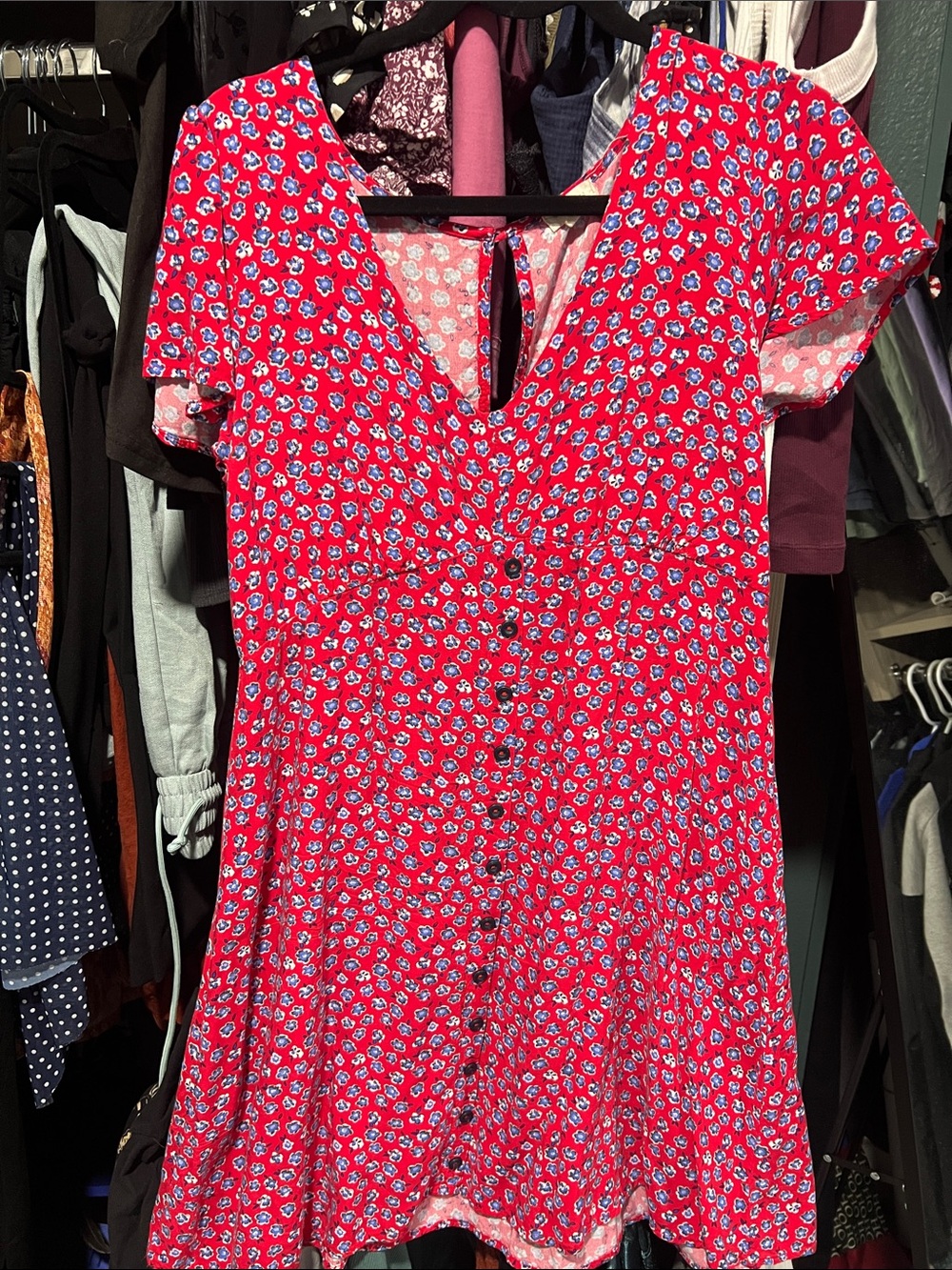 Floral Button-Front Mini Dress in Red